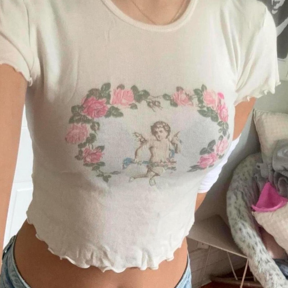 Truly Madly Deeply Cupid Baby Tee Cream Pink Rose Cherub Crop Top Medium